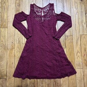 Hollister Burgundy Lace Cold Shoulder Long Sleeve Mini Dress Wine Red Size M